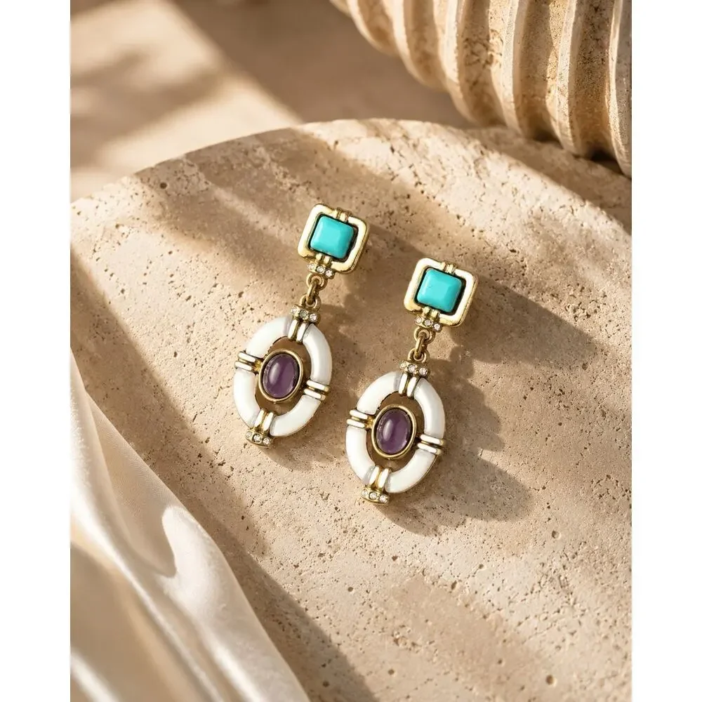 VTG Museum Antique Earrings Gold Turquoise Lucite Crystal Oval Court Amethyst